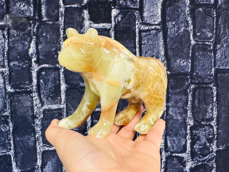 Green Onyx Bear Figurine, Crystal Animal Standing Statuette 6 inch Sacred Animal