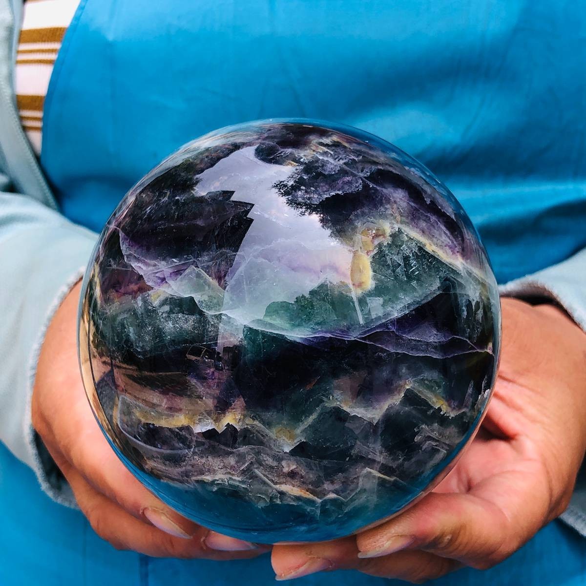 3.74LB Natural Crystal Rainbow Fluorite Sphere Display Ball Reiki Healing
