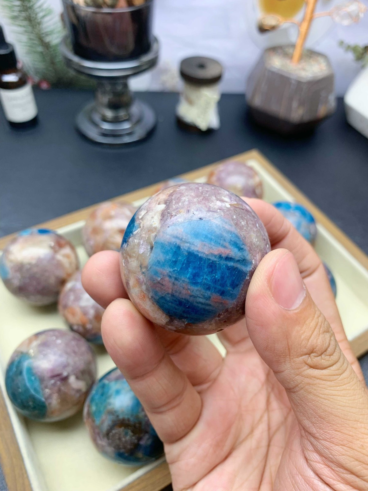 Composite Crystal Sphere 5cm, Apatite Sunstone Purple Mica with Wooden Stand