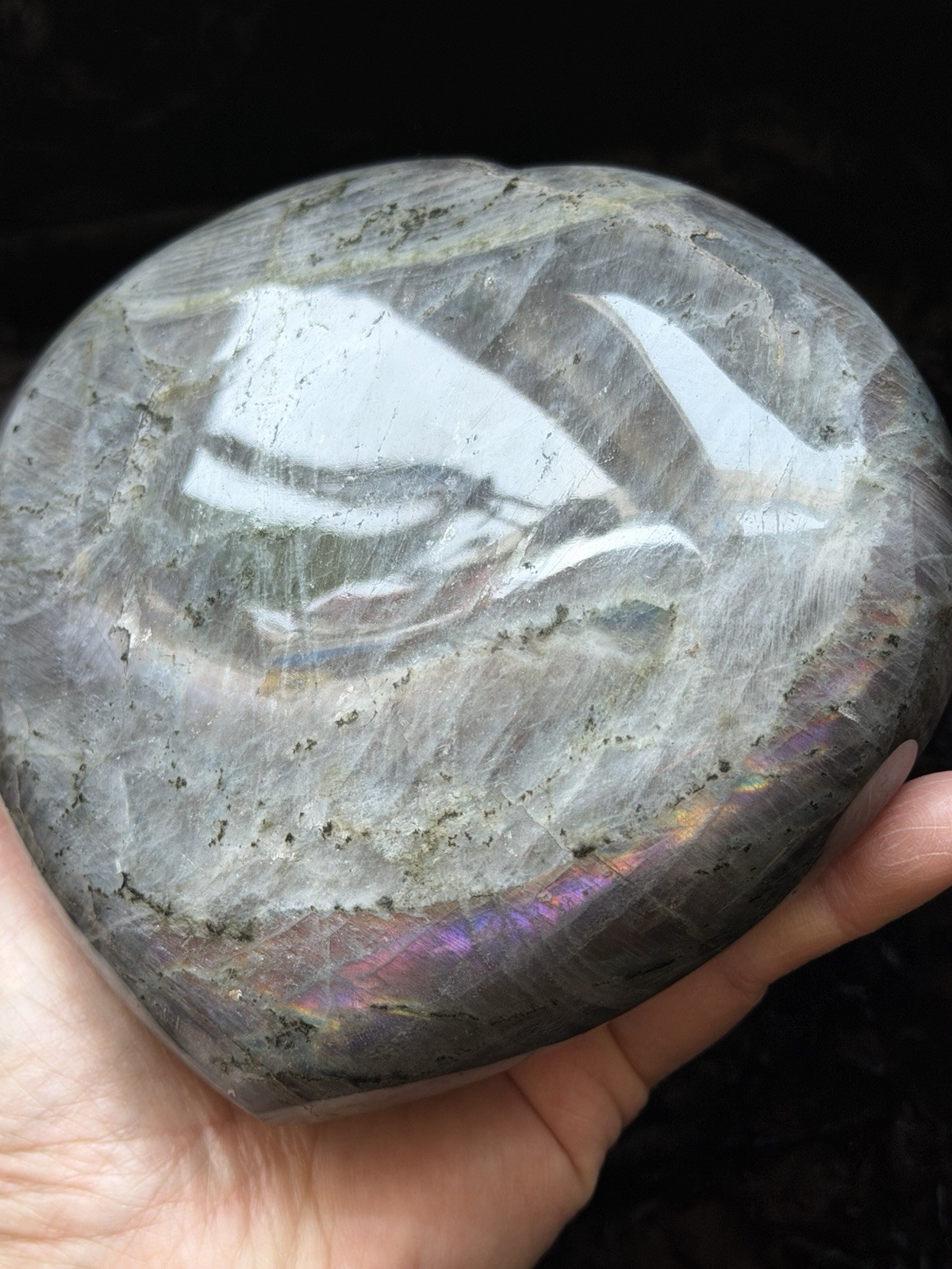 5.15” Large Purple Pink Orange Flash Labradorite Crystal Heart 1100 Grams