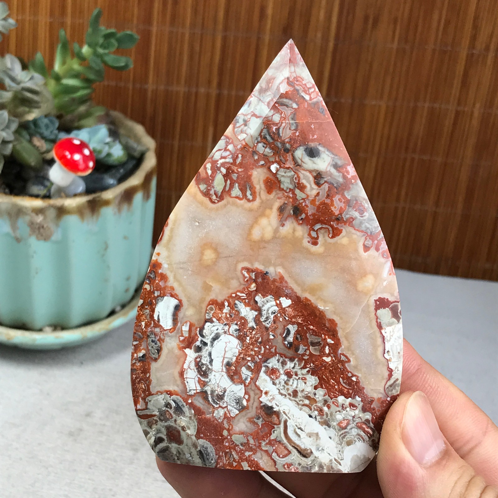 Natural money Mexico agate hand carve leaf Crystal Specimen free standing A6275