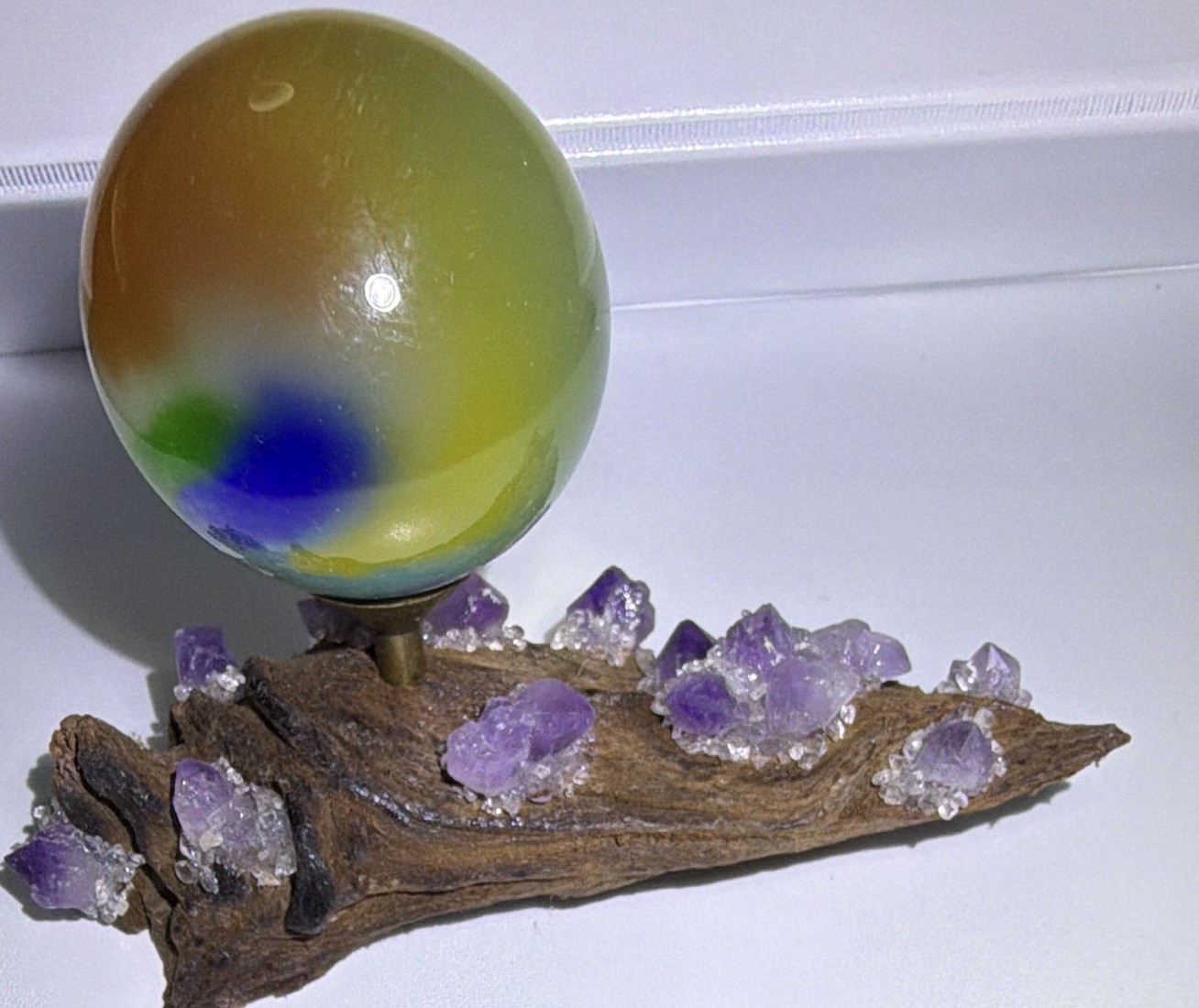 Rainbow Glass Sphere Mineral Display Specimen on Wood Stand w Purple Clusters