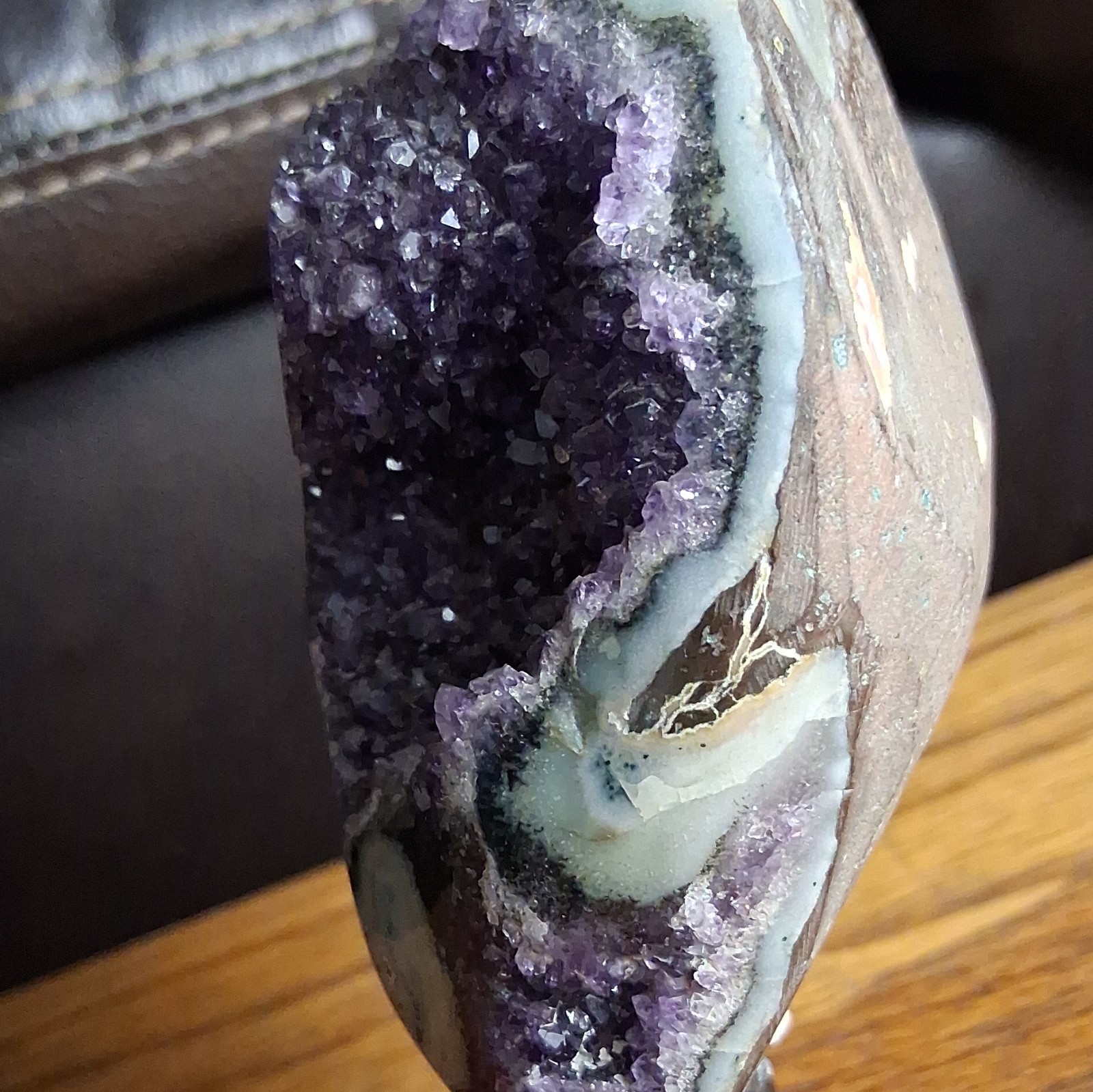rare amethyst geode with stalactite flower eyes of jasper and agate Uruguay.
