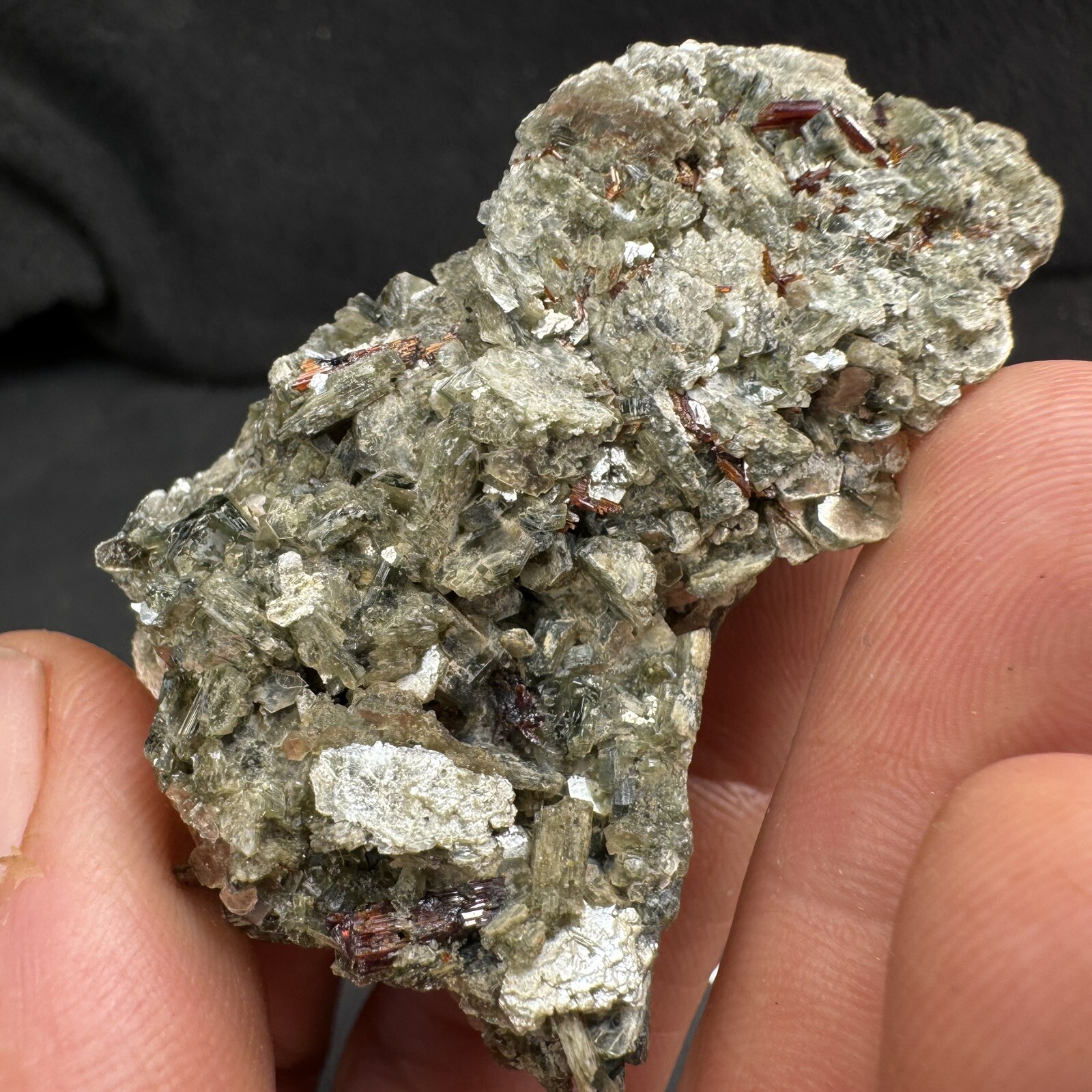 Lot of 4 Green Crystalized Mica Crystal Clusters with Rare Red Rutile Crystals