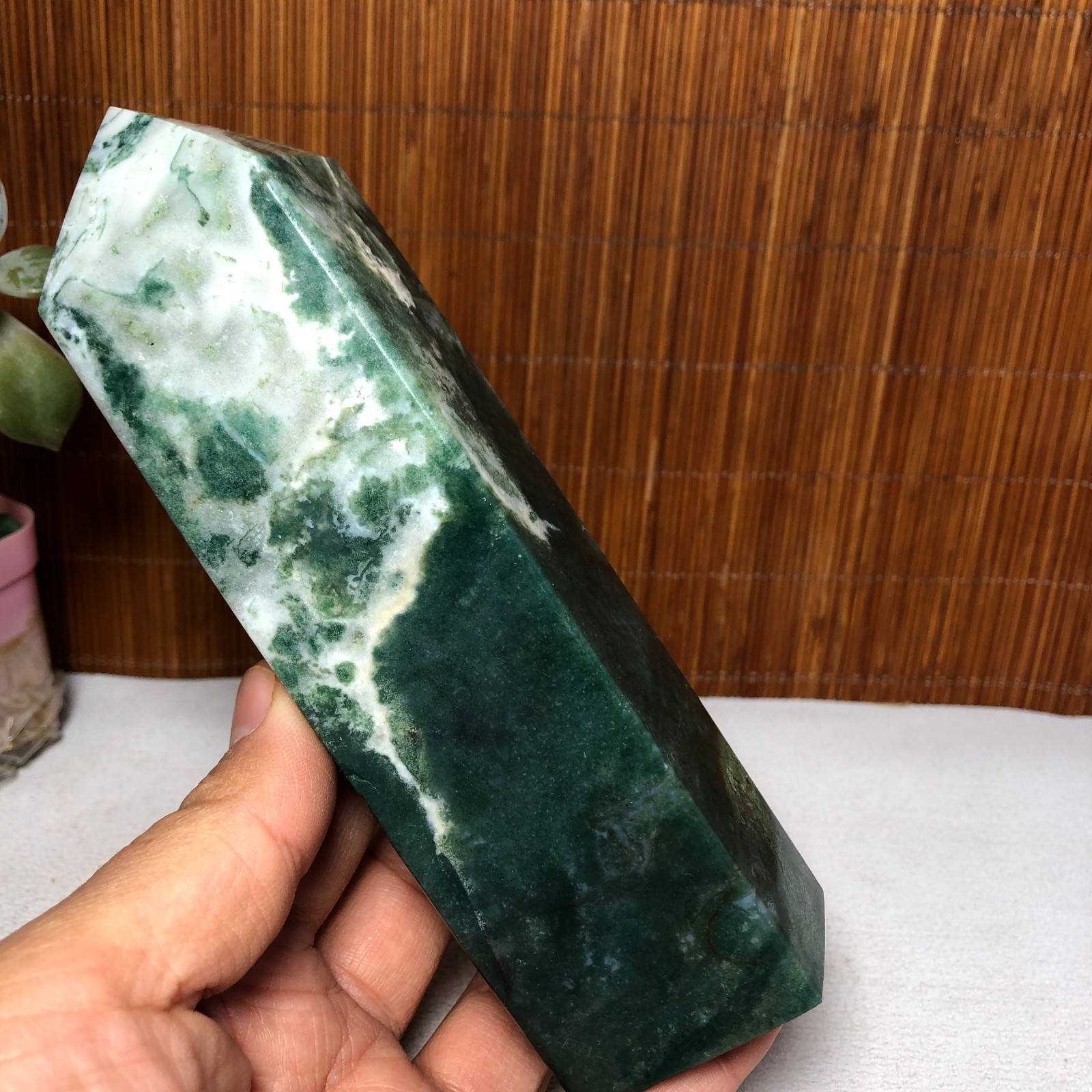 150mm Natural Polish Moss Agate Multiple veins Crystal Wand free standing A2284