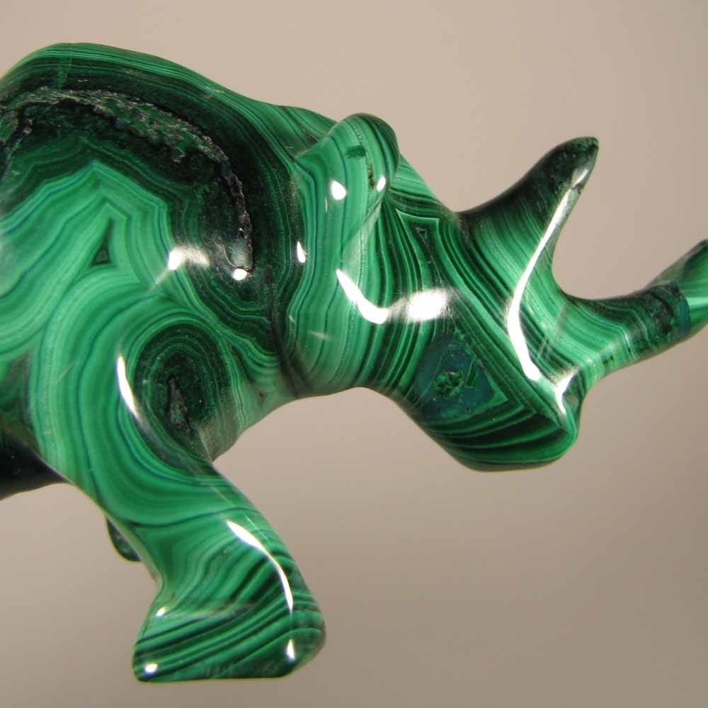 4.3″ Handcarved MALACHITE RHINOCEROS Gemstone Animal Carving – Congo, Africa