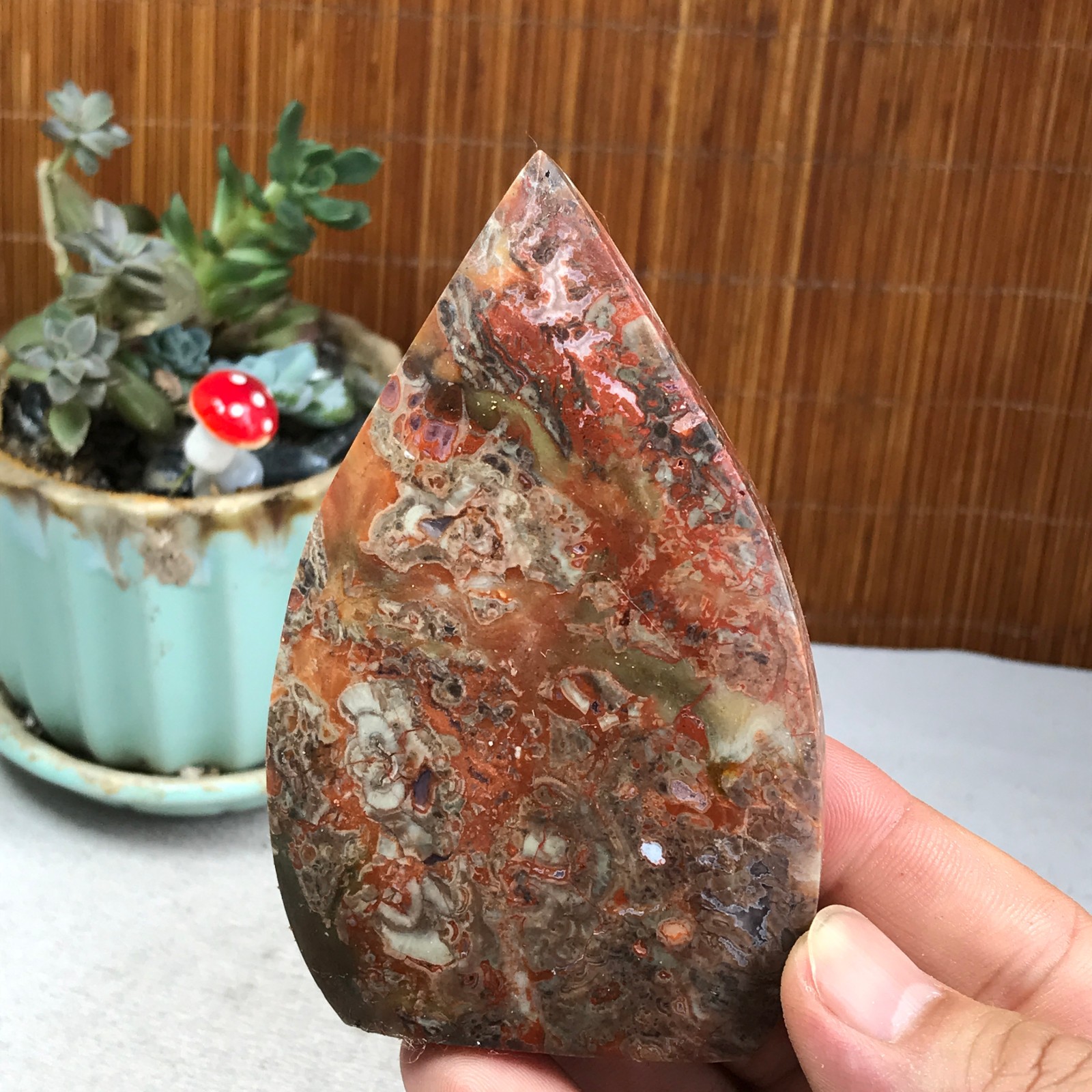 Natural money Mexico agate hand carve leaf Crystal Specimen free standing A6274