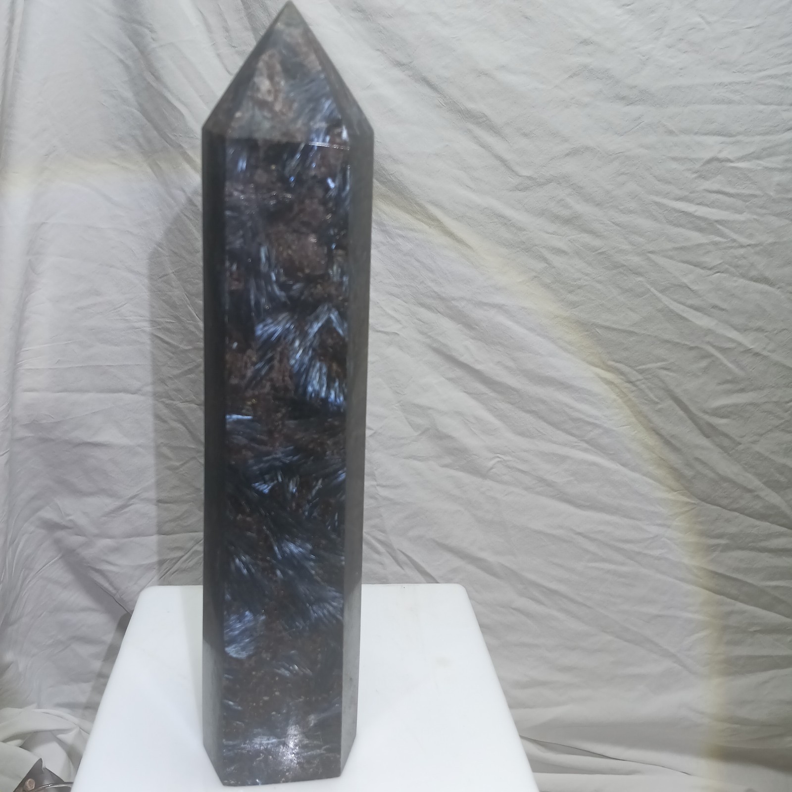 10.5″ Arfvedsonite Firework Quartz Crystal Tower Blue Silver Flash 3.7 lb XL