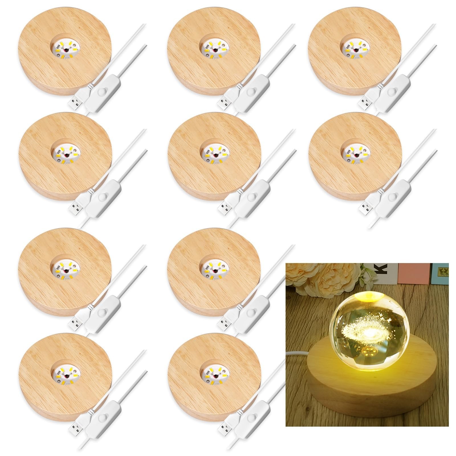 10 Pcs Round Wooden LED Display Bases for Glass Art & 3D Crystal Balls – Lighted