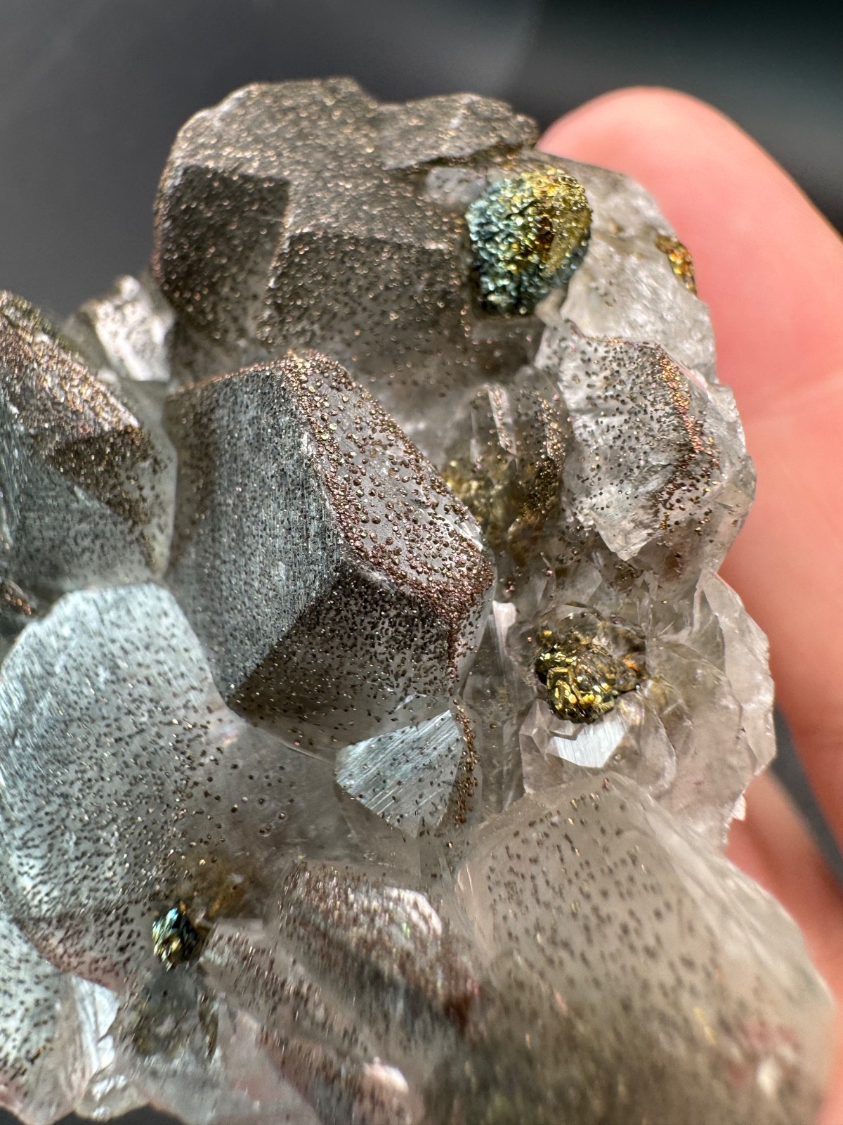 6703 Rainbow Chalcopyrite on Gray Benz Calcite Fu Jian 55g