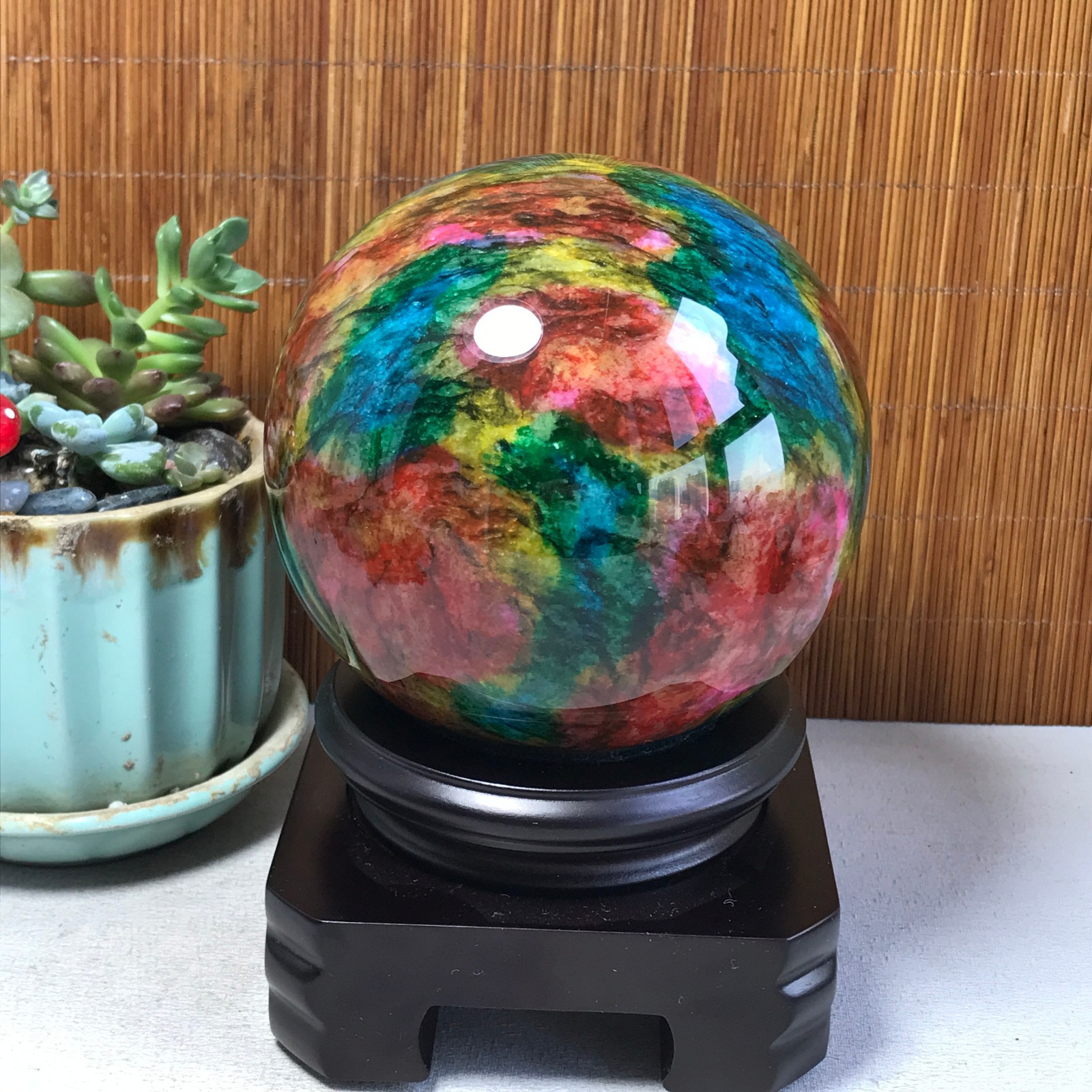 Natural “Seven Colors Jade” sphere Ball -Taiwan China 1.85kg Base Random A5802