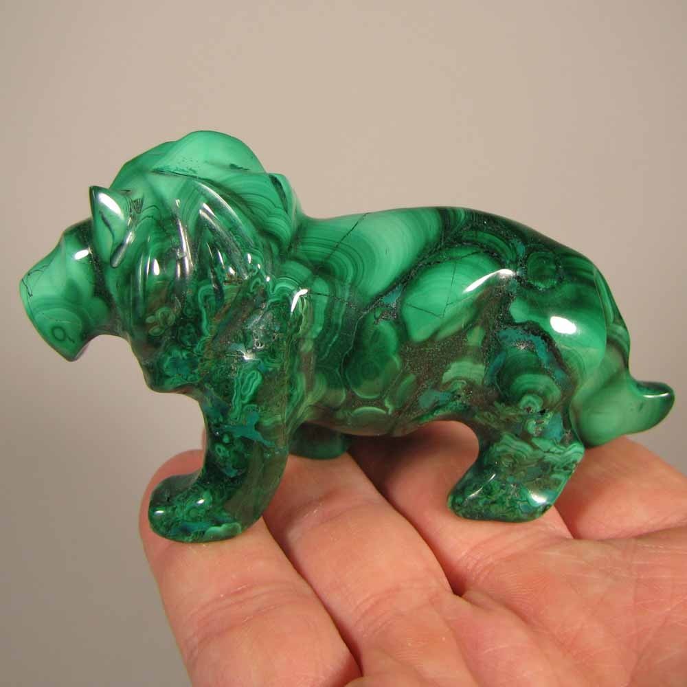 3.7″ Handcarved MALACHITE LION Gemstone Animal Carving – Congo, Africa