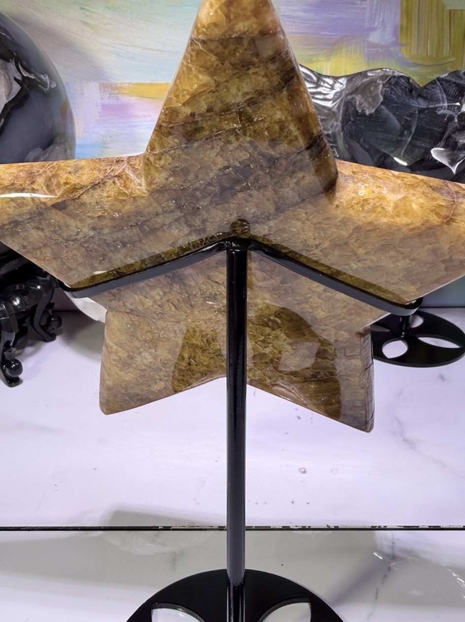Honeycomb Star-Shaped Yellow Crystal Decorator Piece on Stand, Approx. 8″