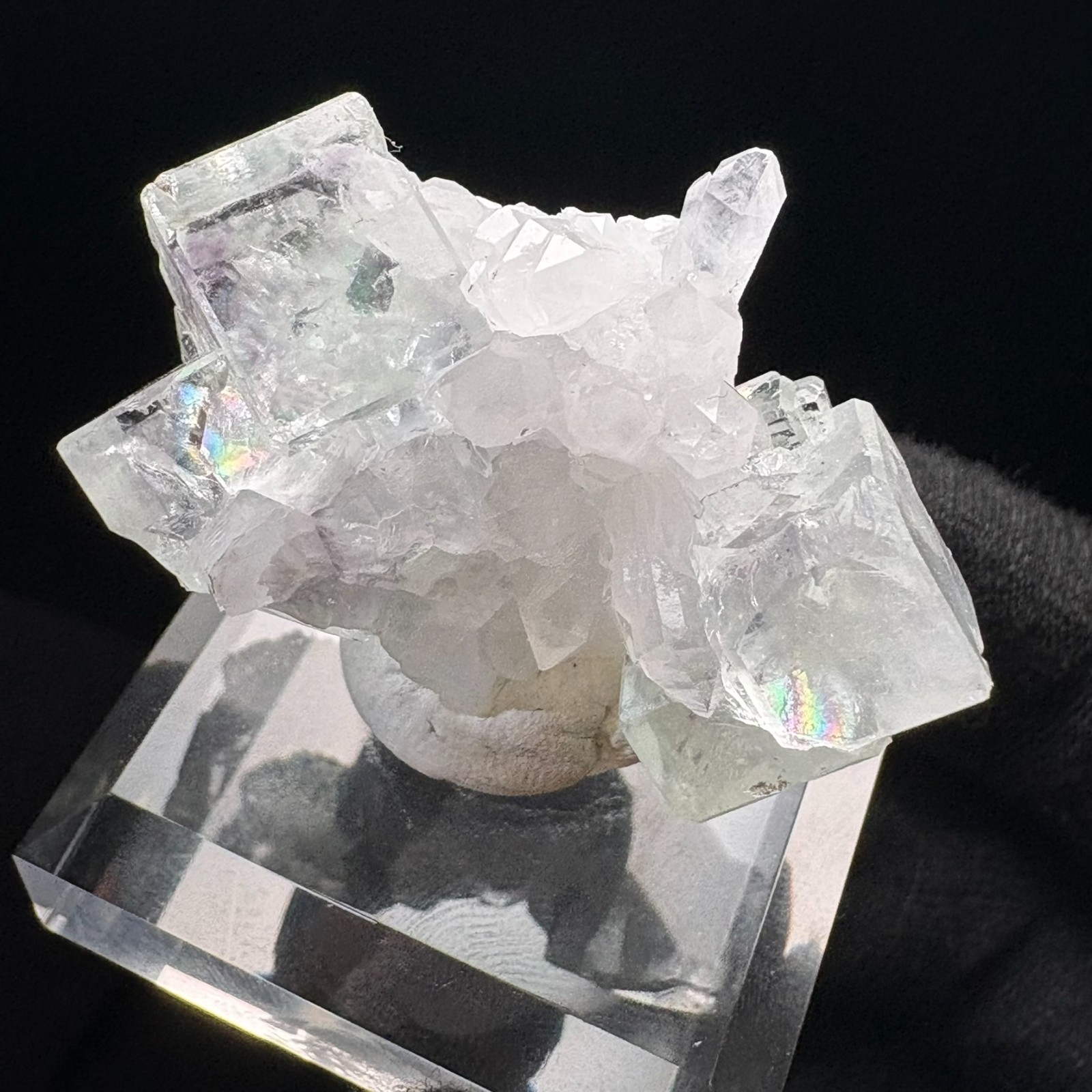 Natural Water-Clear Fluorite w/ Quartz Rare Specimen Raw Mineral w/ Acrylic Base