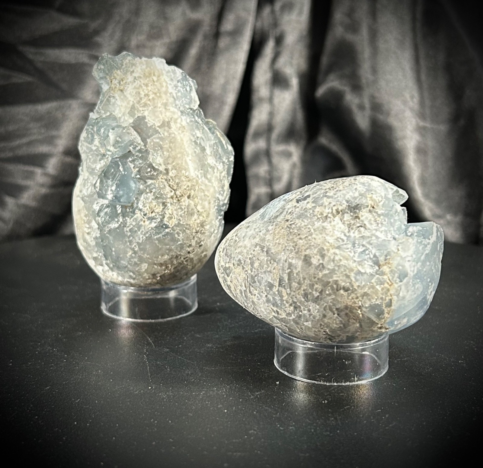 Pair of Celestite Freeform Specimens with Clear Acrylic Stands 1lb 5.8oz