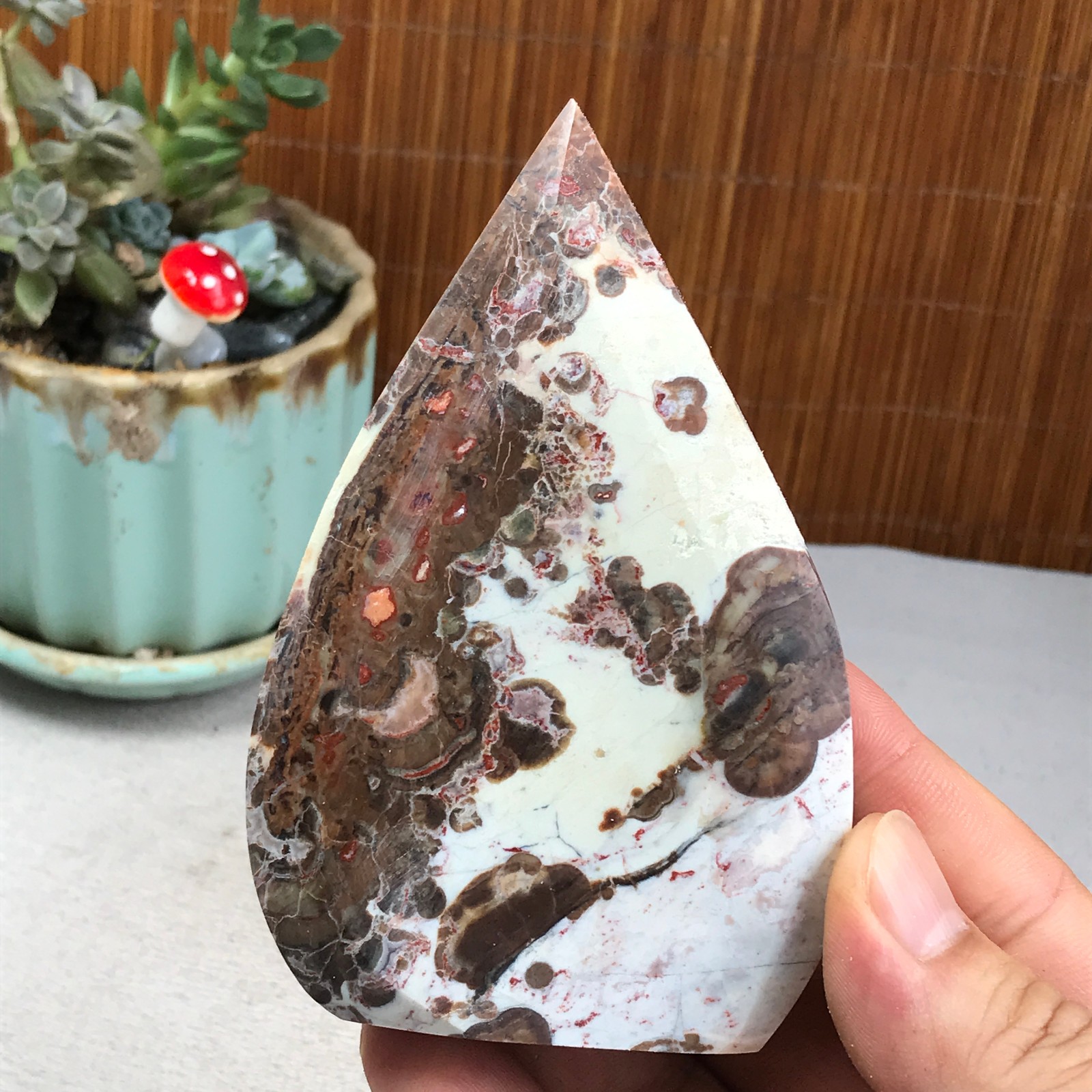 Natural money Mexico agate hand carve leaf Crystal Specimen free standing A6272