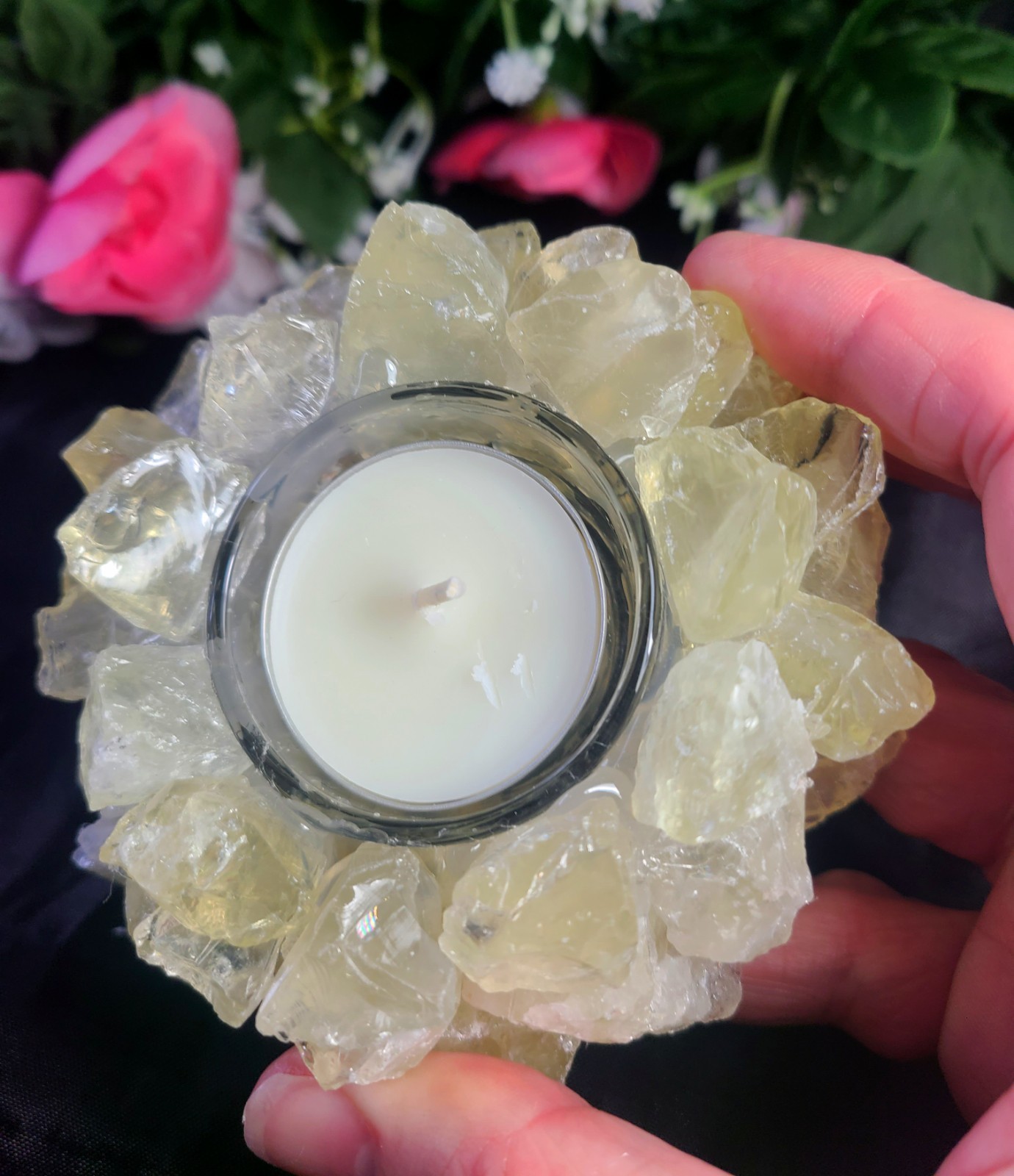 Large 4″ Pretty Citrine Quartz Tea Light or Sphere Stand Crystal Ball Holder