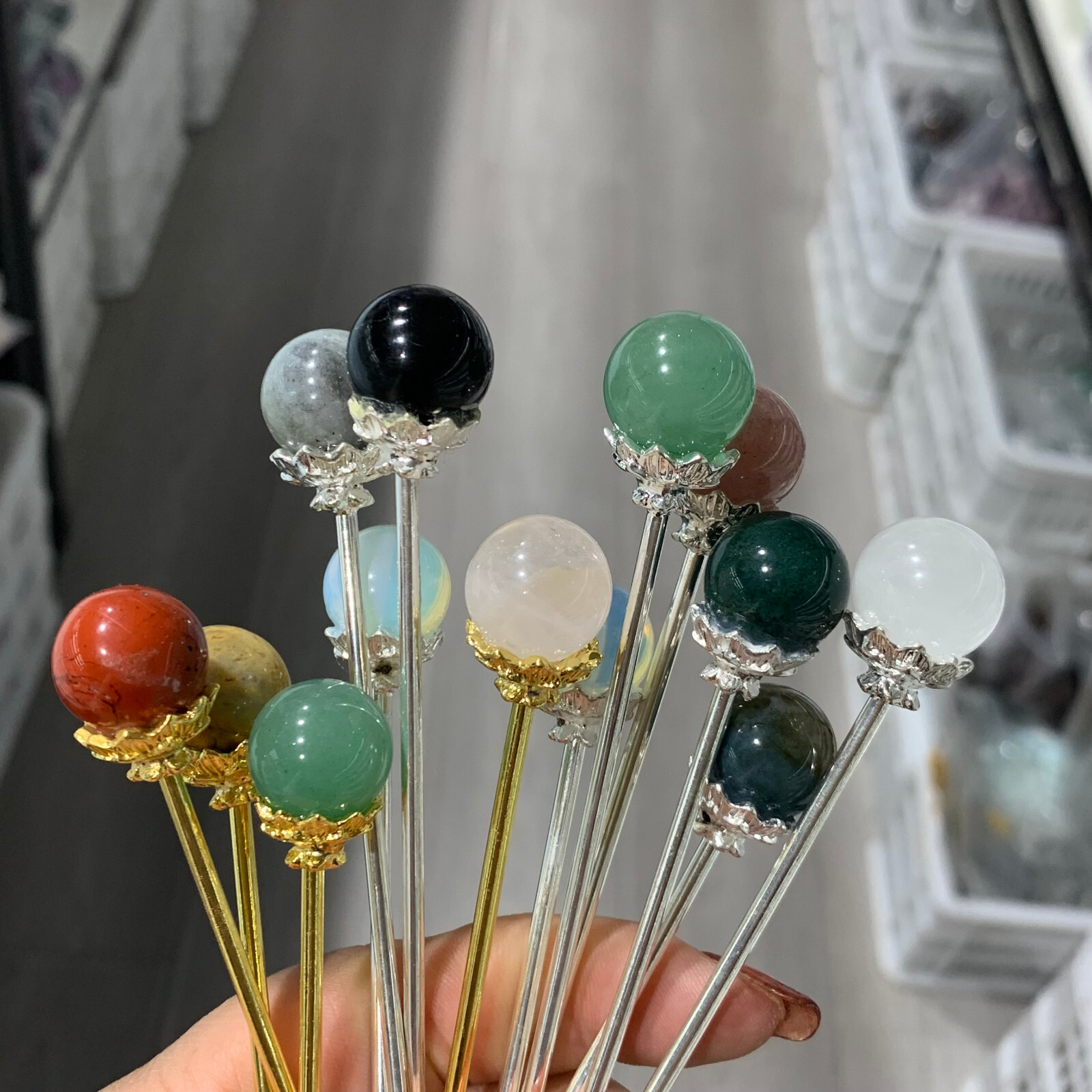 5PC Natural mix quartz crystal mini sphere hairpin carved reiki healing random