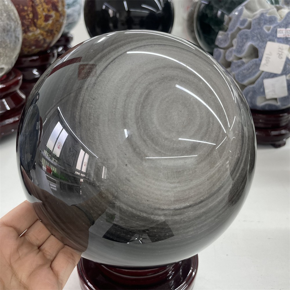 14LB 6.3″ Natural A++ Silver Obsidian Sphere Ball Crystal Quartz Energy Decor