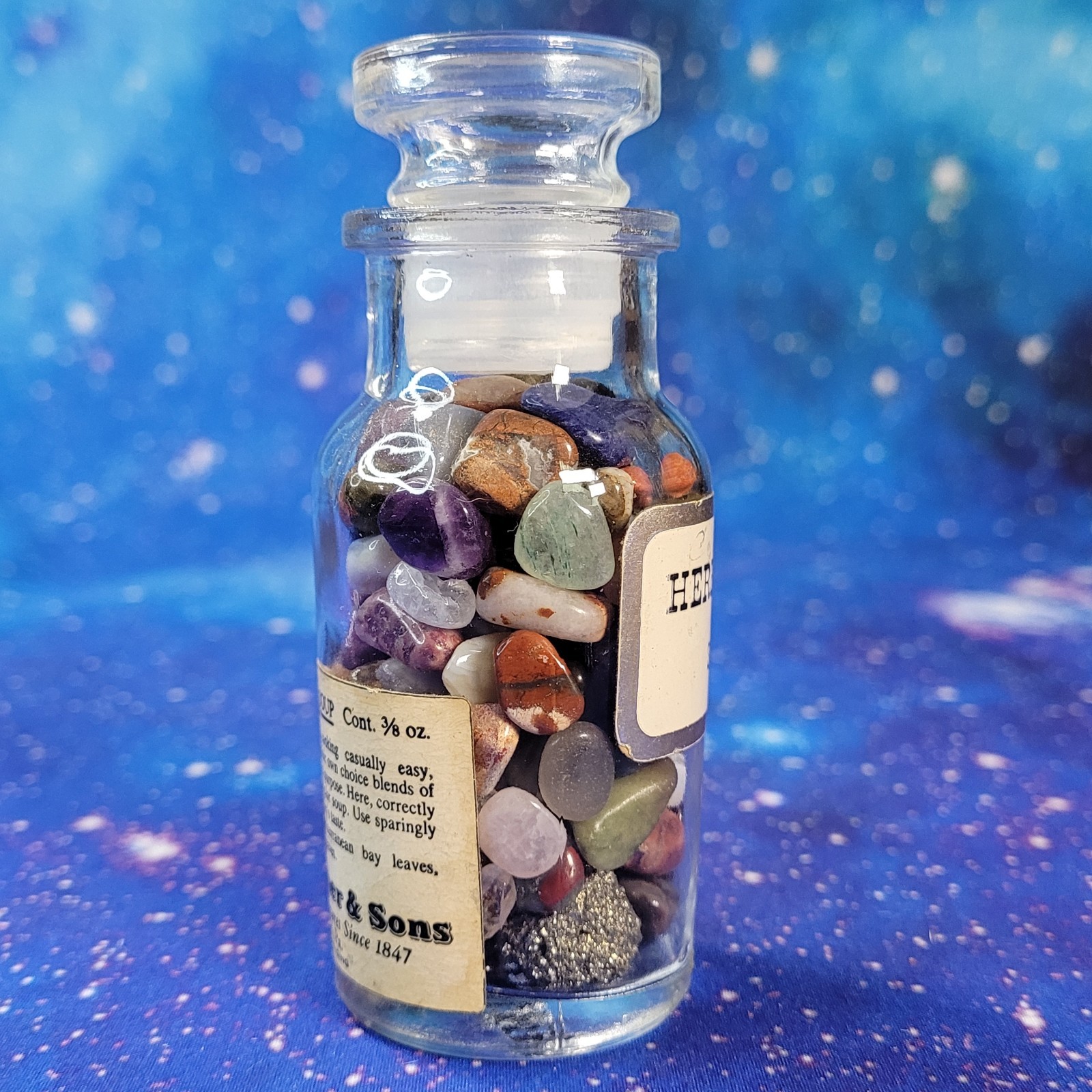 4oz Mixed Crystal Small Tumbles in Vintage Apothecary Glass Jar Wagner Spice