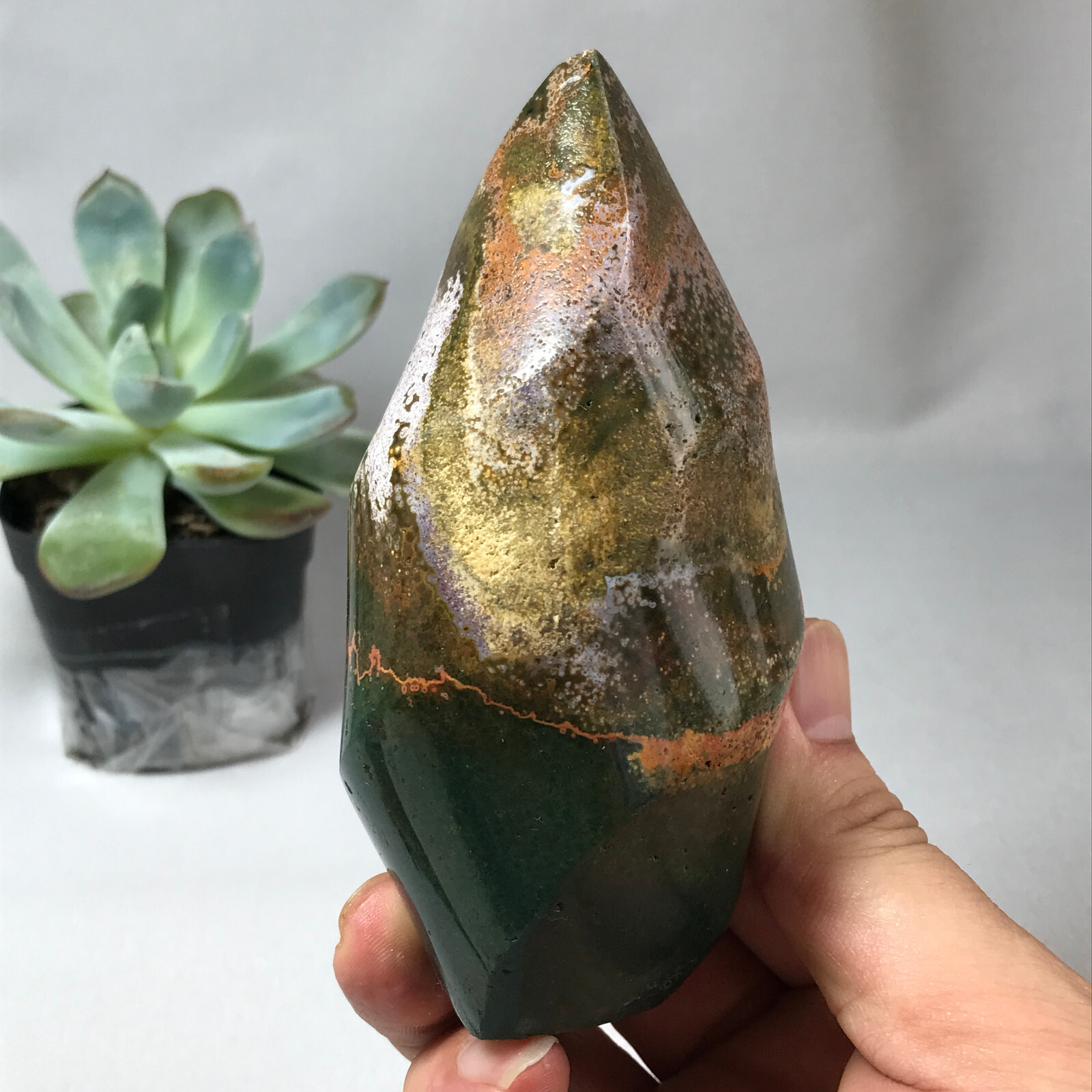 Natural Ocean Jasper torch Hand carve polish Crystal free standing 362g g6632