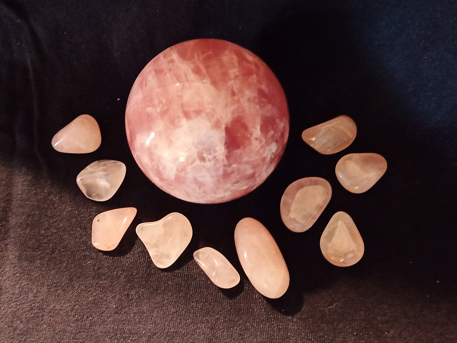 Brazil Rose Quartz Collection, Sphere 62mm, 2 Pillars, 10 Pocket Stones, Gemmy!