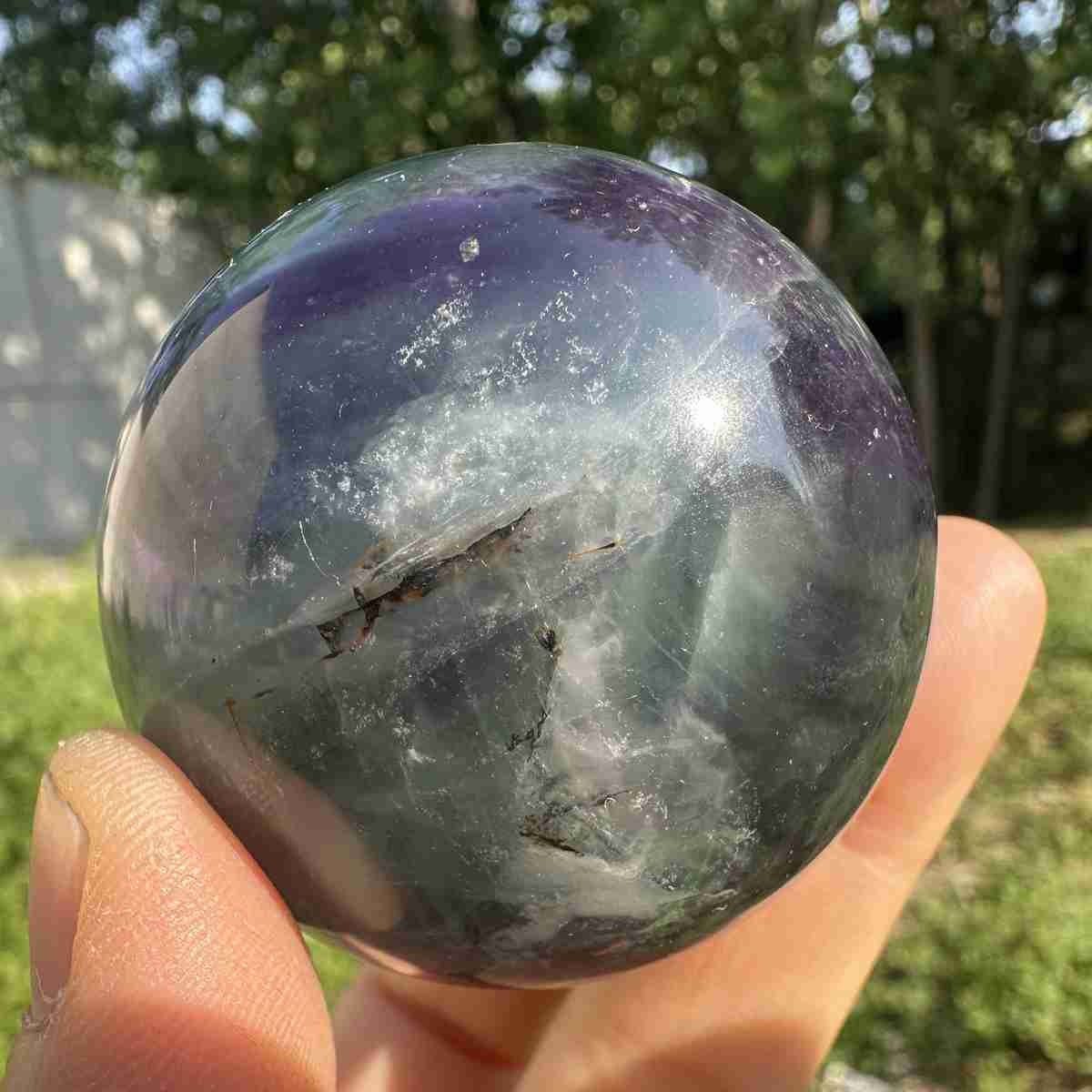 210g Natural Feather Fluorite Quartz Sphere Crystal Ball Reiki Healing Decor