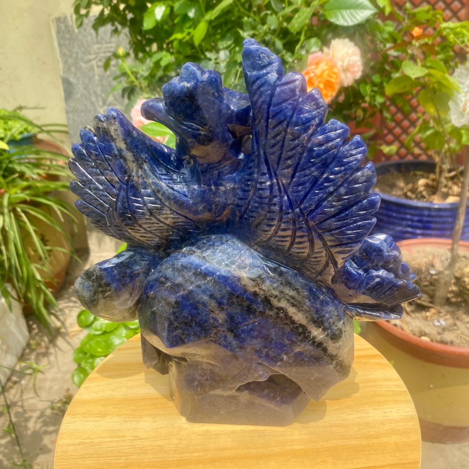 7.71LB Natural Blue Vein Stone Phoenix Carving, Home Decoration