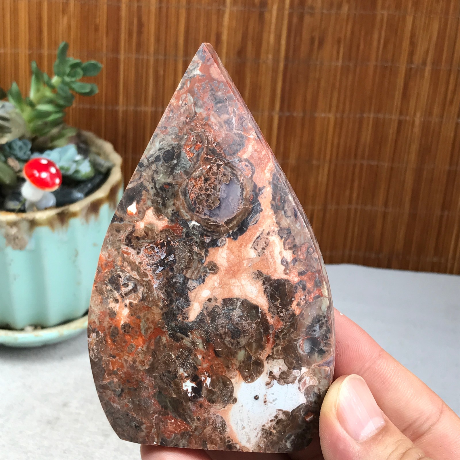 Natural money Mexico agate hand carve leaf Crystal Specimen free standing A6273
