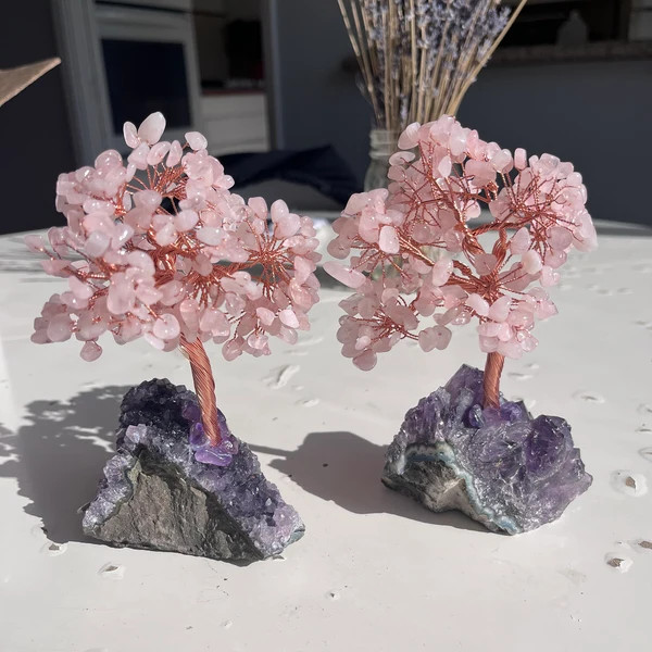 Handmade Rose Quartz Tree of Life on Amethyst Geode Base Fortune Tree Home Decor