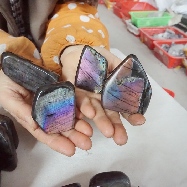 8Pcs 2.2LB Natural Rainbow Labradorite Quartz Crystal Palm Gem Stone Decoration