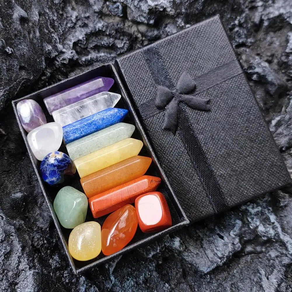 **Natural Stone Crystal Gemstone Chakra Healing Quartz Set Home Decor Gift Box**