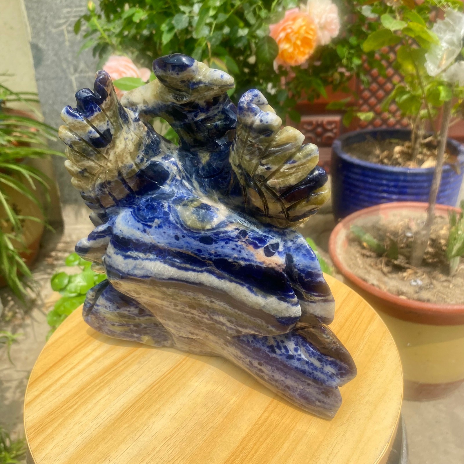 6.61LB Natural Blue Vein Stone Phoenix Carving, Home Decoration