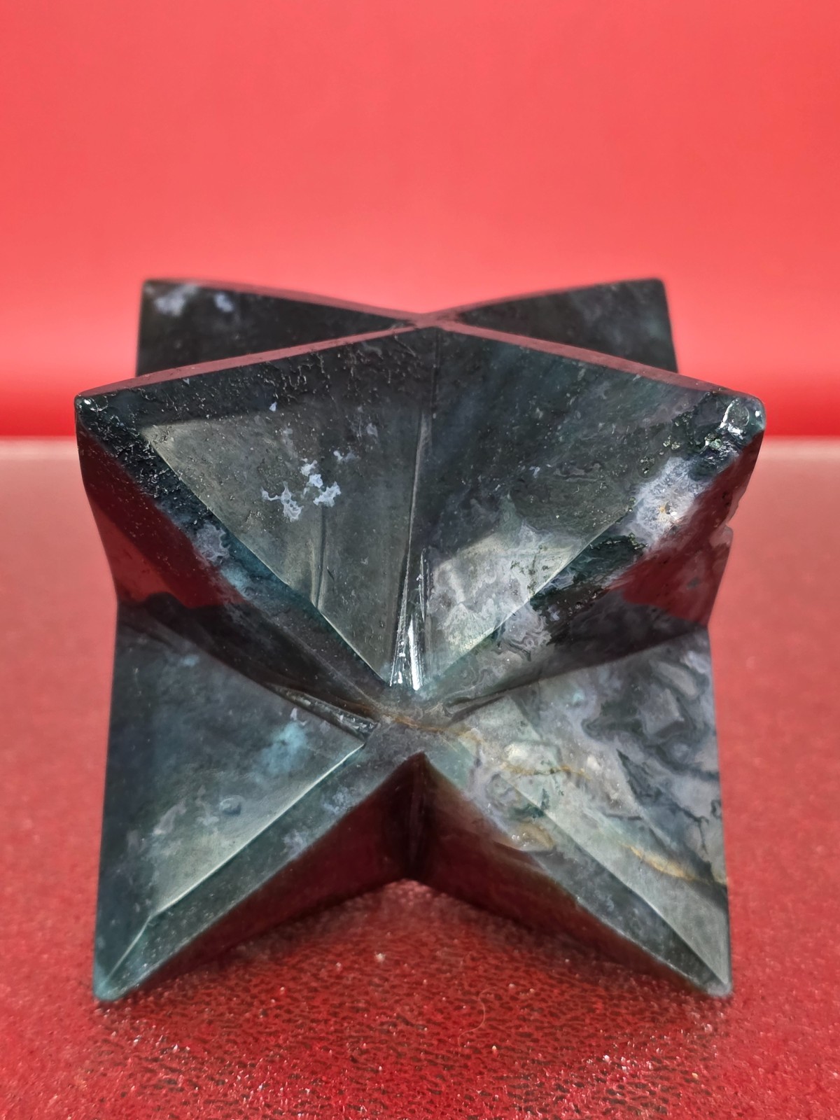 423g Moss Agate 8 Point Merkaba Star Carving Crystal Sacred Geometry Healing