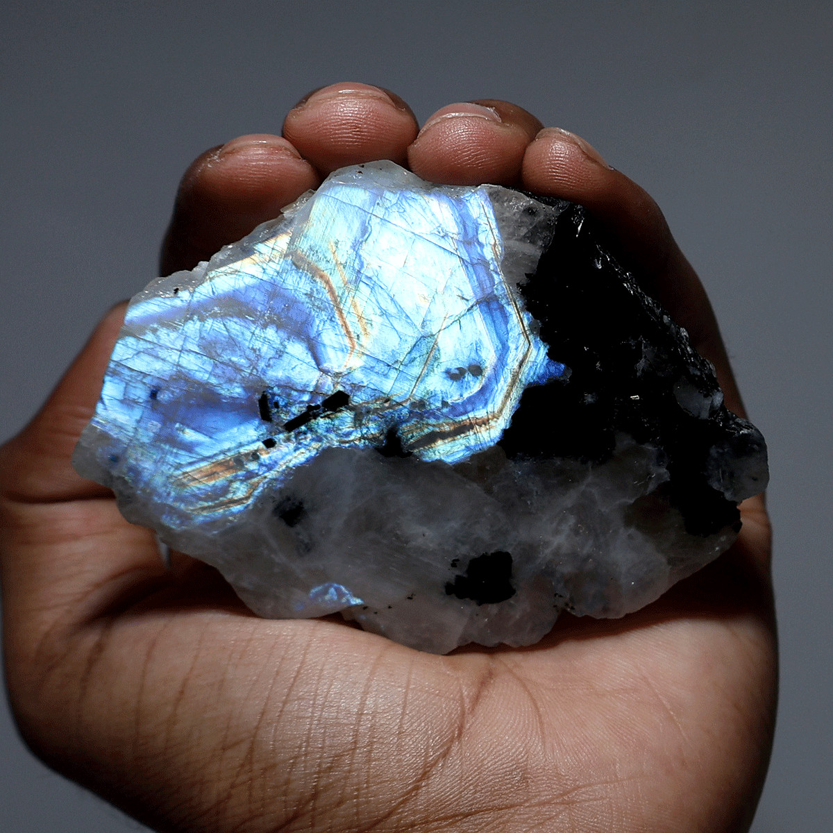 Divine Intuition — Natural Rainbow Moonstone W/ Tourmaline Electric Fire Slab