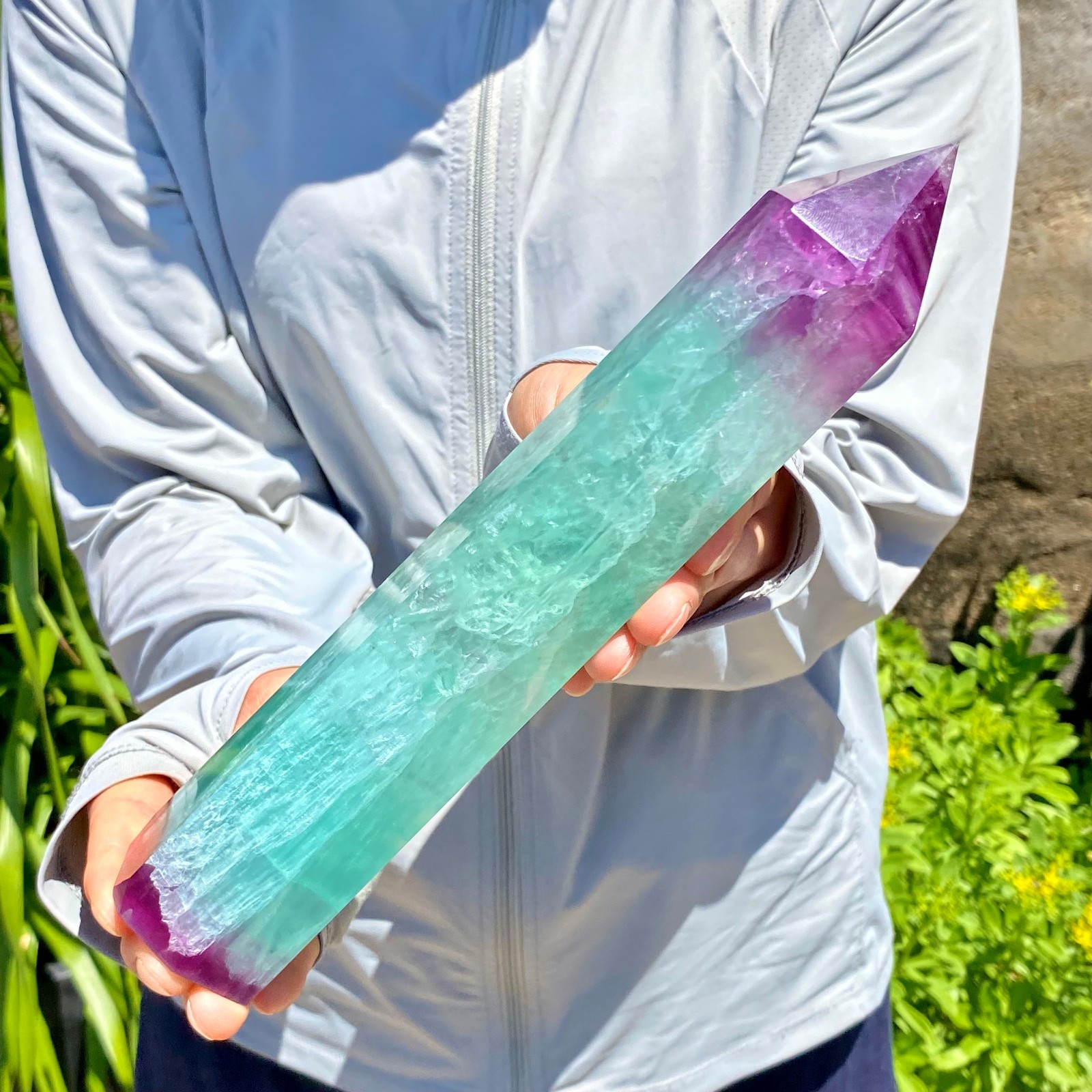 2.16LB Natural Rainbow Fluorite Obelisk Quartz Crystal Wand Tower Point Healing