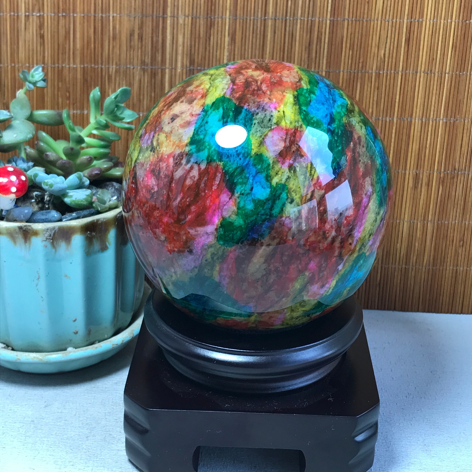 Natural “Seven Colors Jade” sphere Ball -Taiwan China 1.85kg Base Random A5806