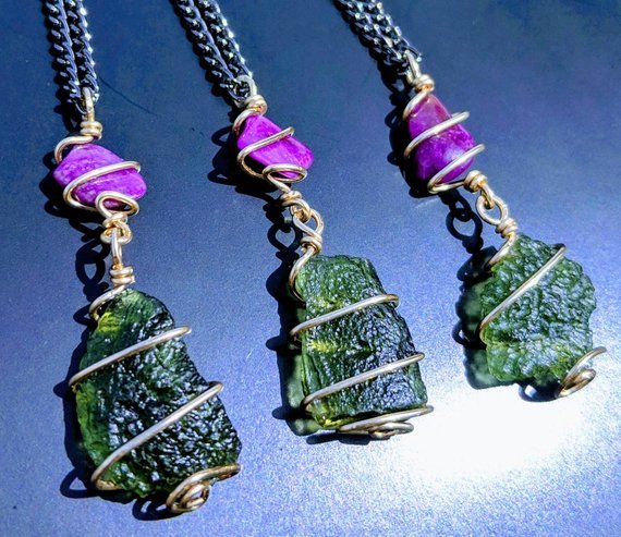 MOLDAVITE & SUGILITE Pendant In GOLD. Amulet Tektite Crystal Necklace Synergy 12