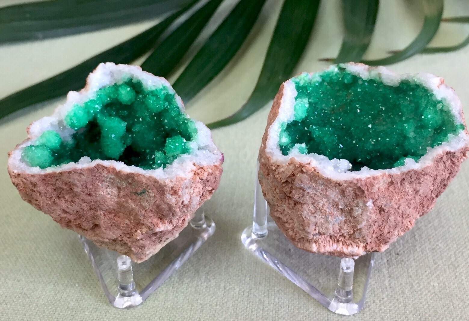 Green Geode Pair Geode Crystal Quartz Druze Specimen Morocco Geode Half