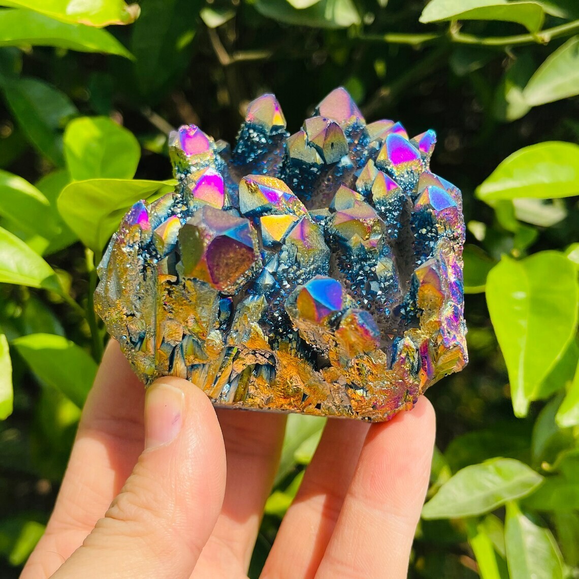 Titanium Rainbow Aura Crystal Quartz Cluster Specimen Reiki Energy Home Decor