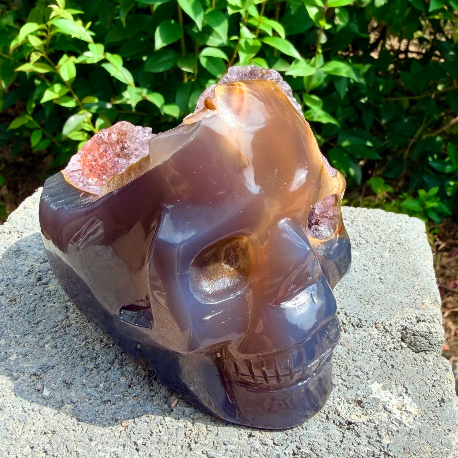 632g Amethyst agate crystal cave skull, Rare hand carved skull specimen
