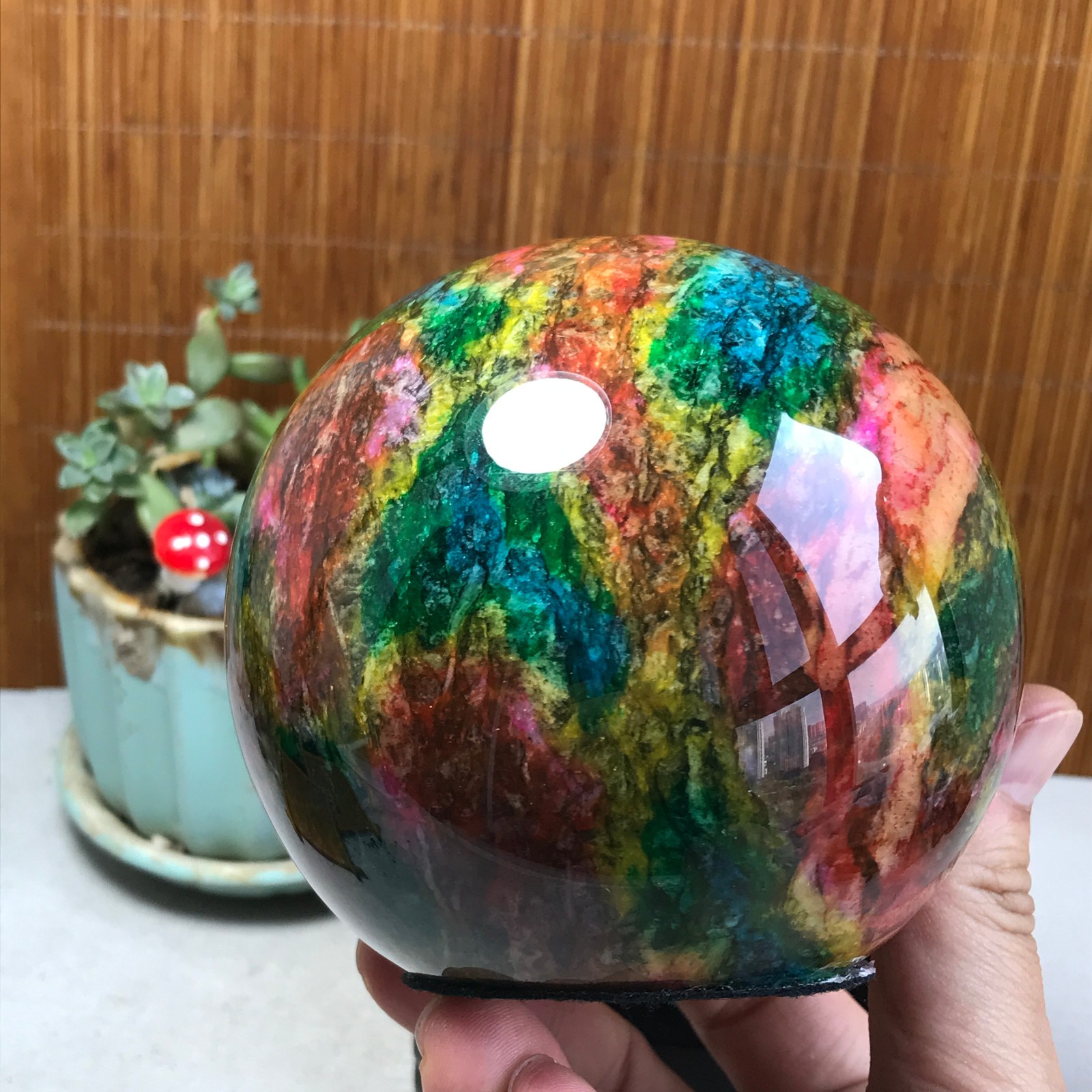 Natural “Seven Colors Jade” sphere Ball -Taiwan China 1.85kg Base Random A5809