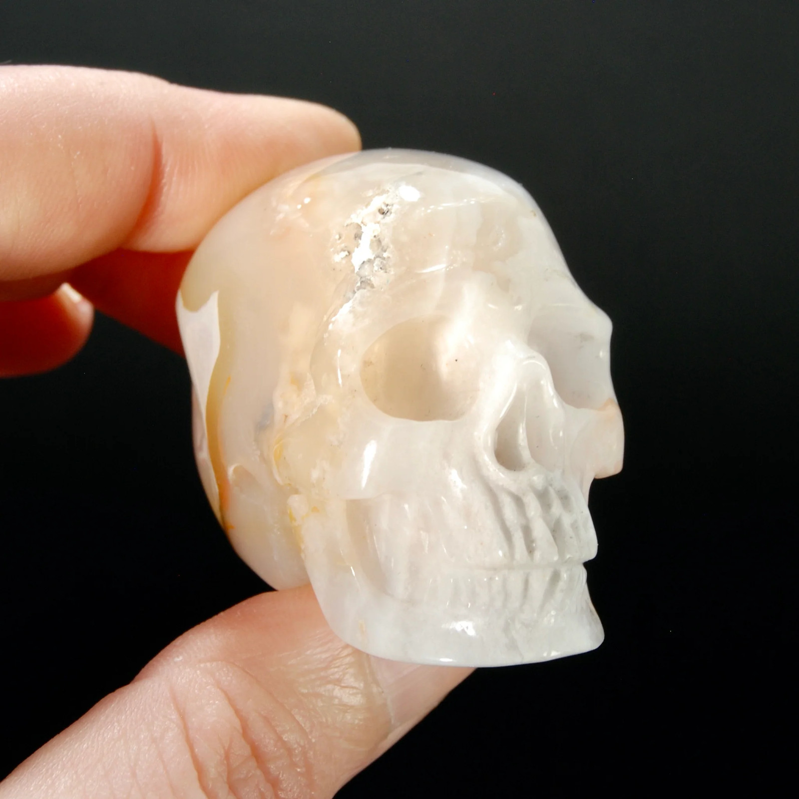 2in Sakura Flower Agate Carved Crystal Skull, Realistic Peach White Flower Agate