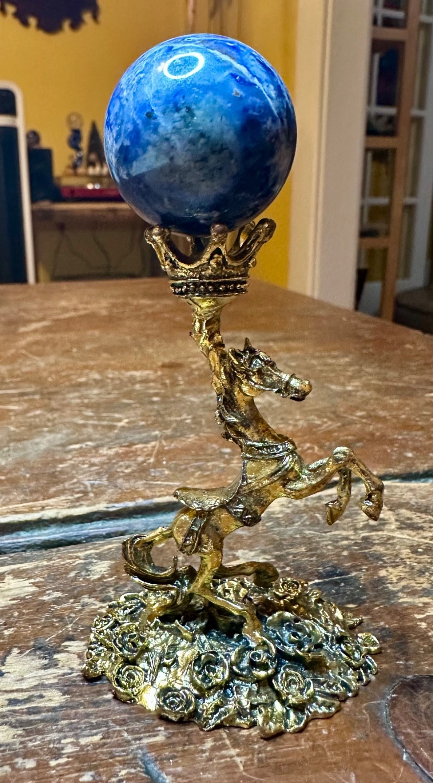 Lapiz lazuli blue crystal sphere with metal horse stand Free shipping