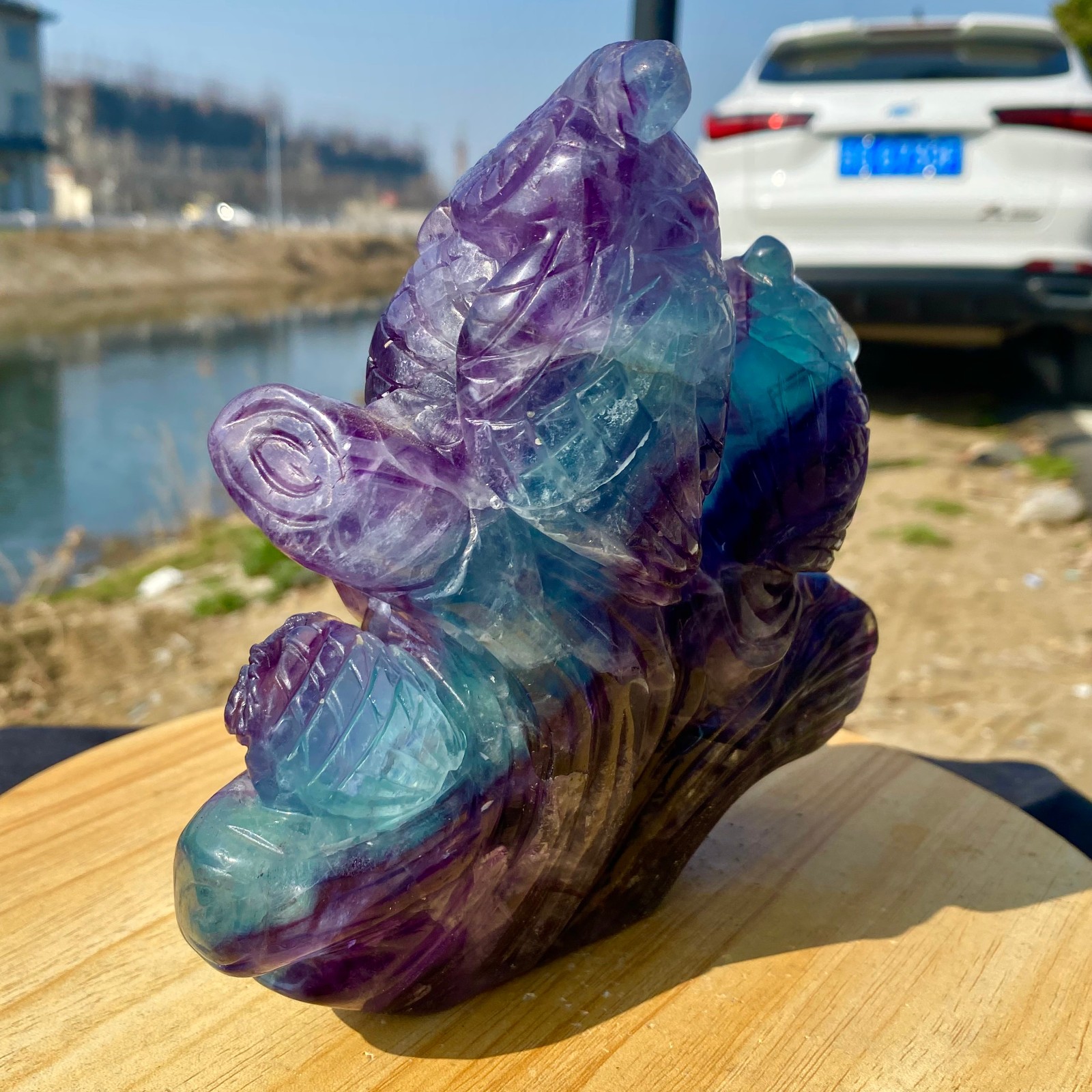 5.62LB Natural Fluorite Quartz Owl Sculpture Hand Carved Crystal Reiki Energy