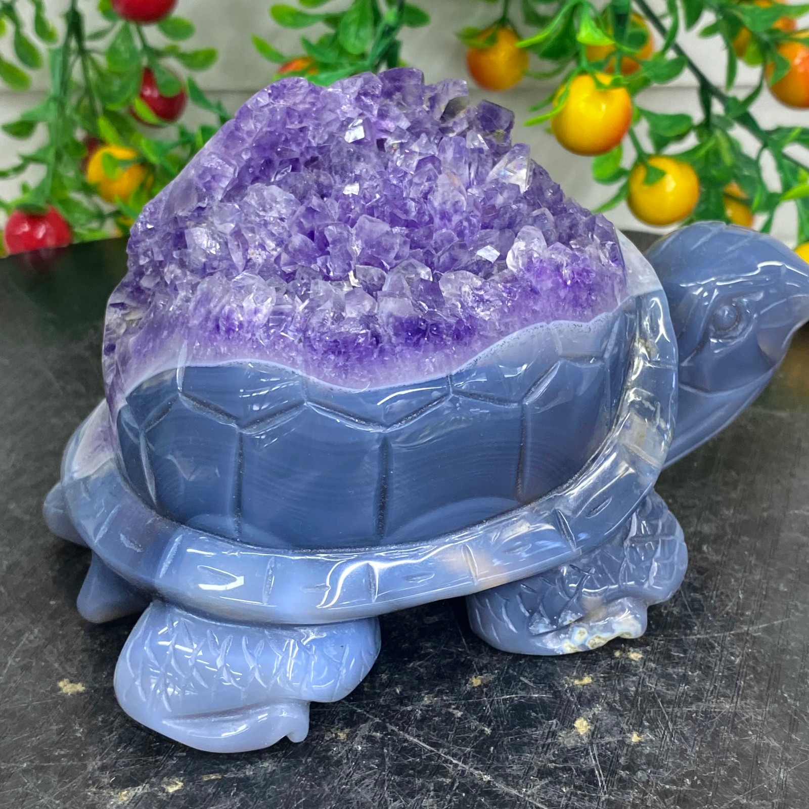 2.51LB Natural amethyst agate turtle Crystal turtle carving healing Home decora
