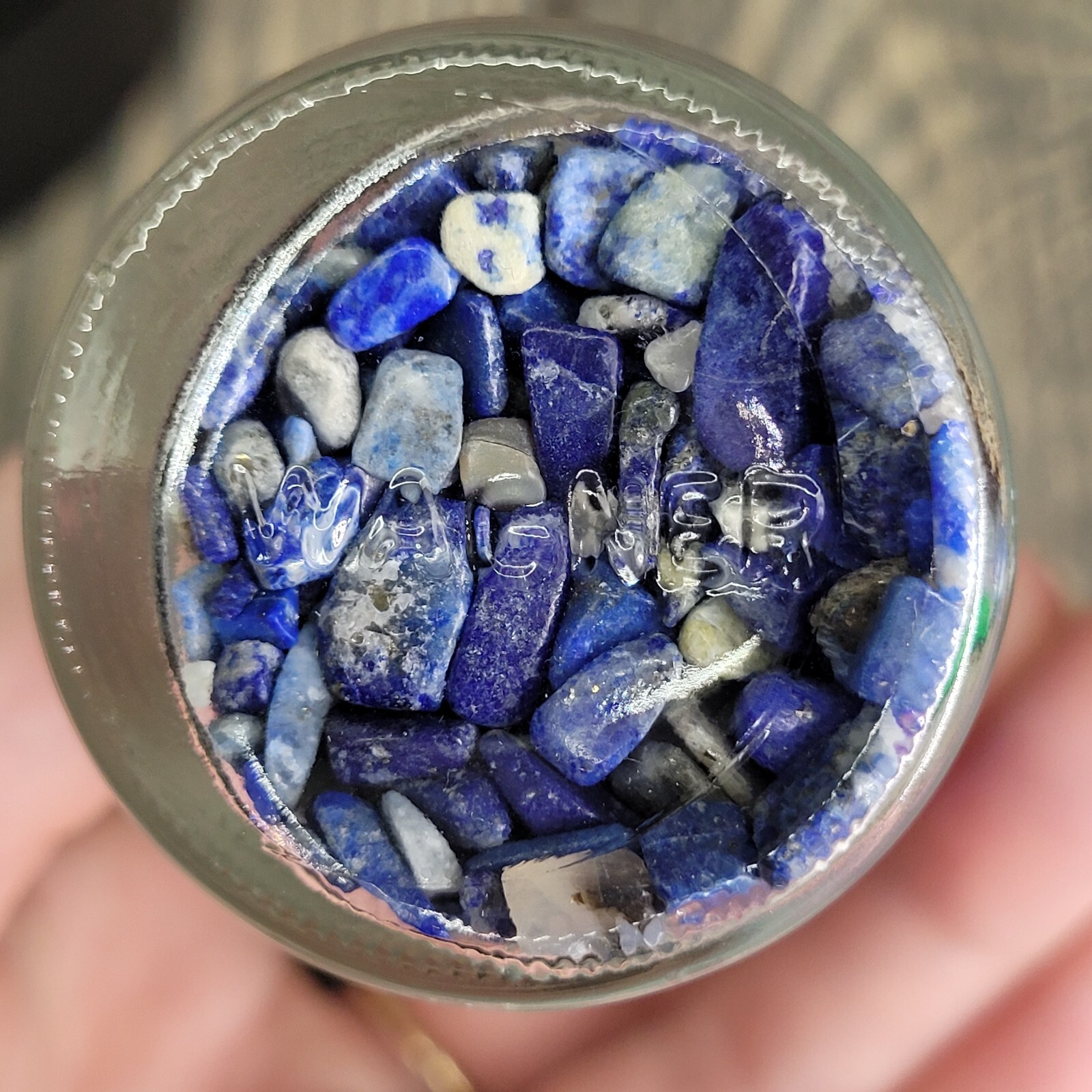 1/4lb Lapis Lazuli Crystal Tumbled Chips in Apothecary Vintage Glass Jar Wagner