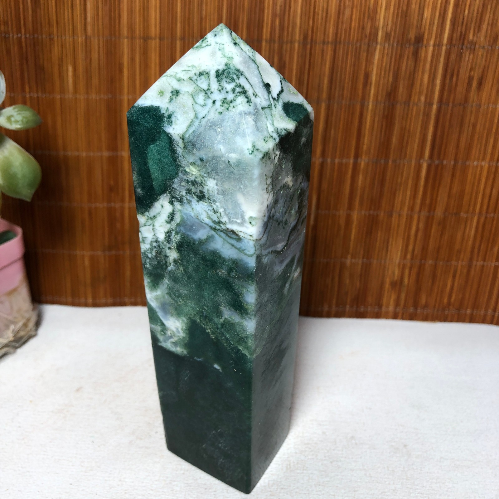 157mm Natural Polish Moss Agate Multiple veins Crystal Wand free standing A2286