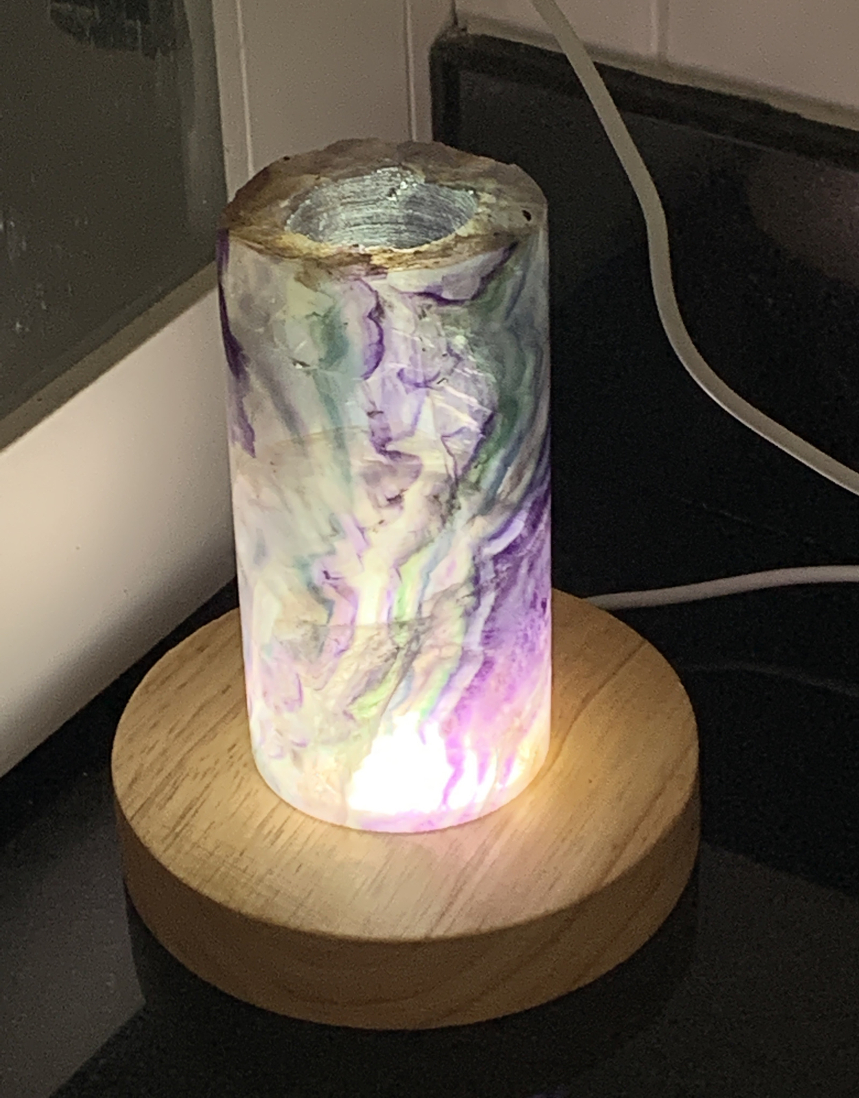 Rainbow Fluorite 4.25” Heavy Hollow Cylinder Night Light With LED Sphere Stand