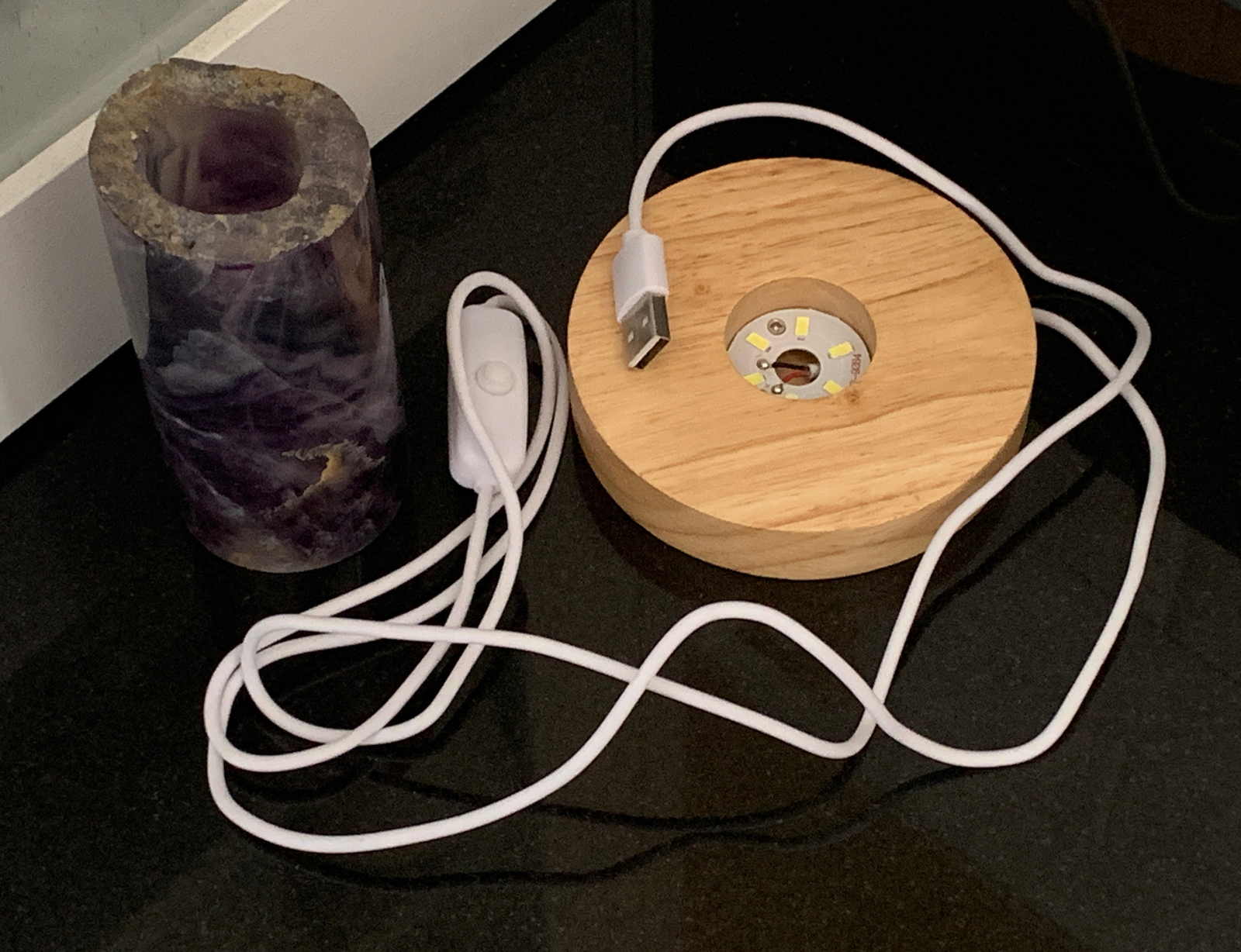 Rainbow Fluorite 4.25” Heavy Hollow Cylinder Night Light With LED Sphere Stand